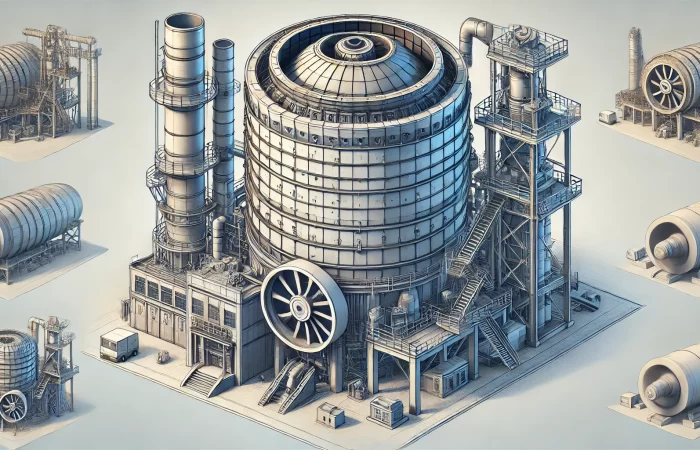 DALL·E 2024-12-06 14.37.38 - A detailed industrial illustration of a rotary kiln used in cement or steel production, showcasing its cylindrical shape, refractory cement lining, an